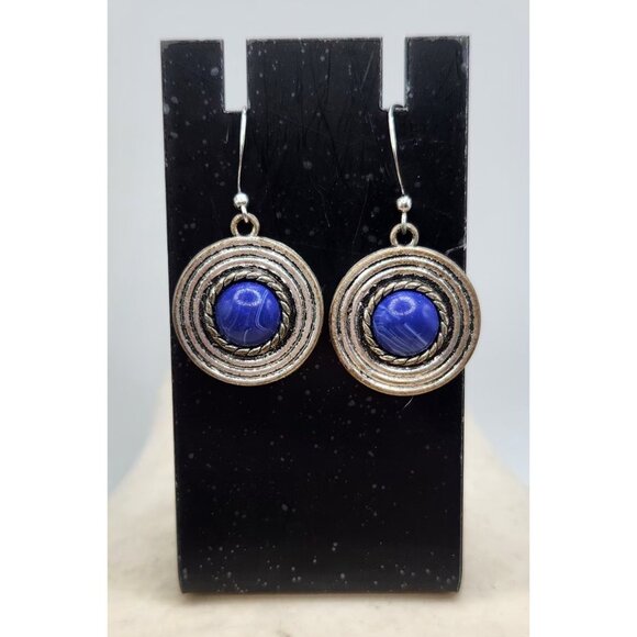 Silvertone Blue Cabochon Stone Earrings Round Pierced - Picture 2 of 2